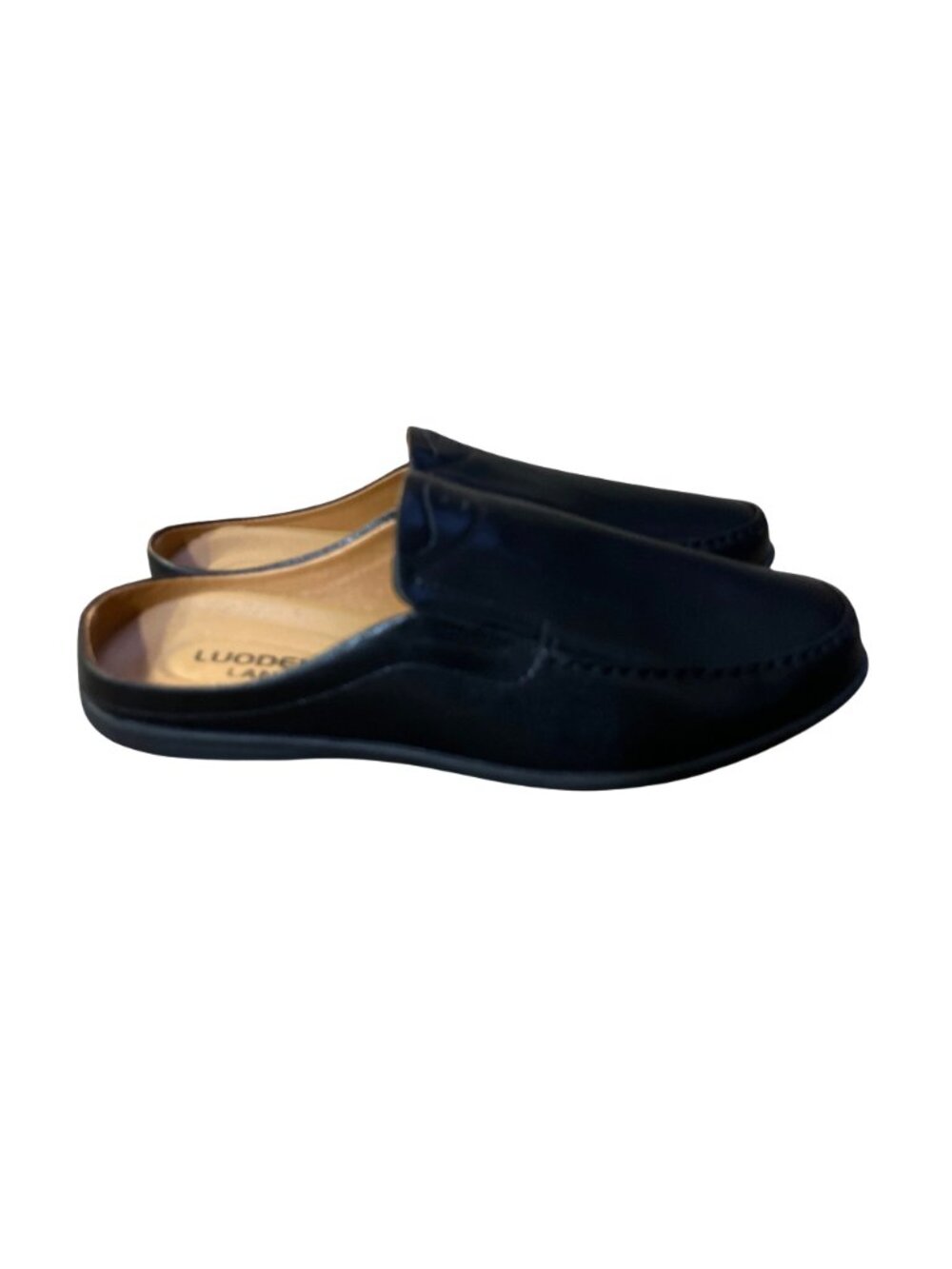 Luodenglang Mens 10 Black Leather Slip On Loafers Comfort Mule Used House Shoes - Picture 9 of 11